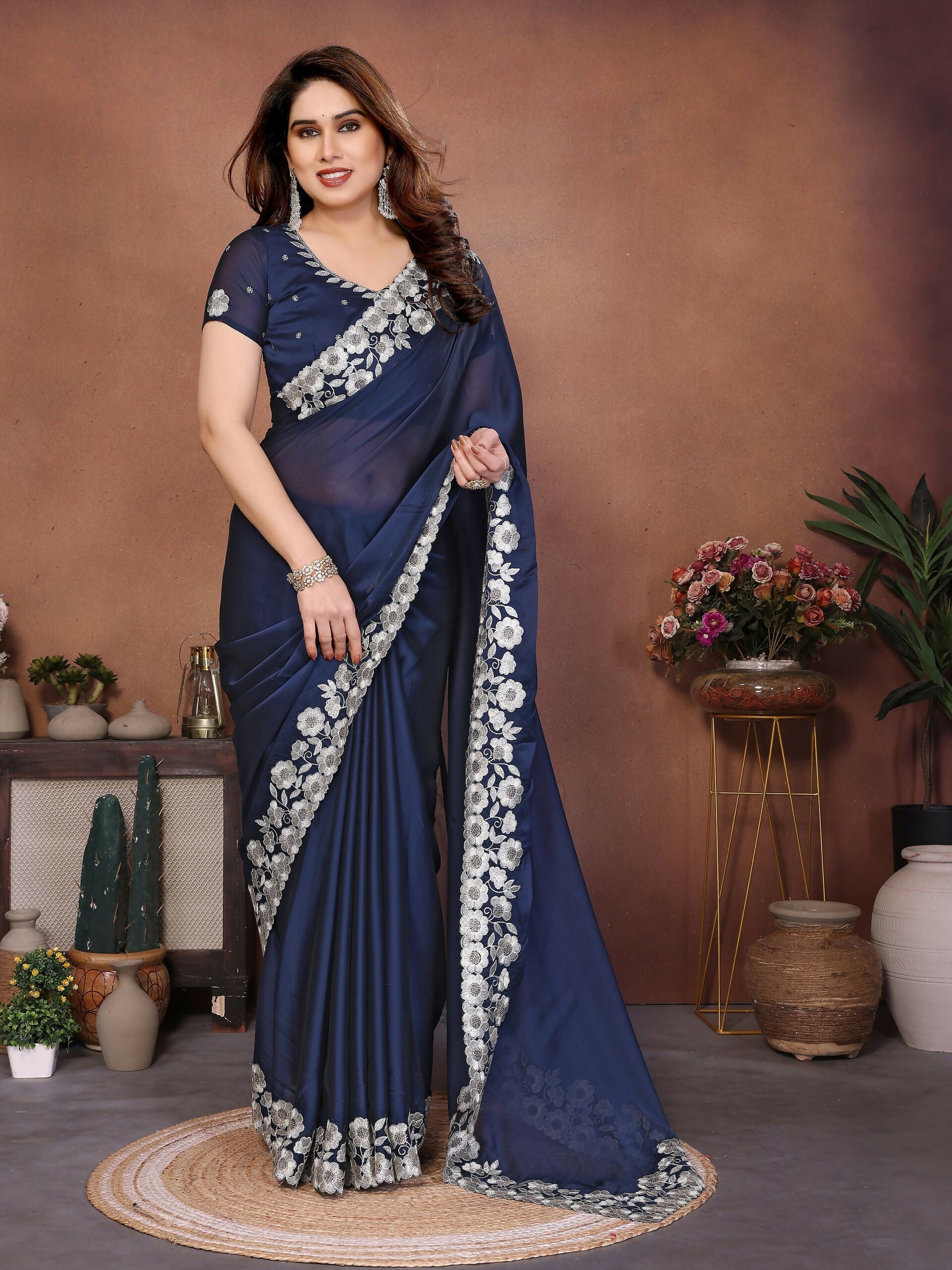 Teeya Creation New Trendy Stylish Party Wear Silk Saree-Dark_Navy_Blue | Grocsy