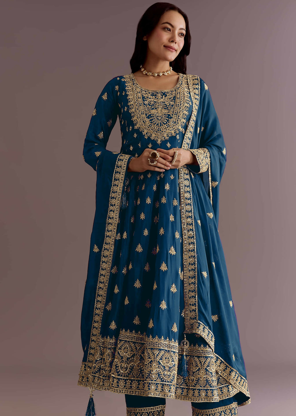 Teeya Creation Morpich Color Chinon Silk Embroidery Work Wedding Wear Gown | Grocsy
