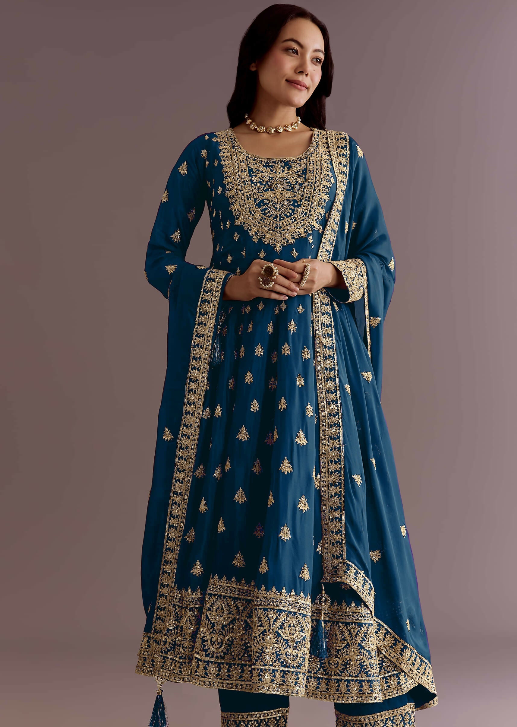 Teeya Creation Morpich Color Chinon Silk Embroidery Work Wedding Wear Gown | Grocsy