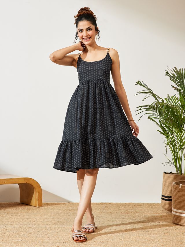 Janasya Navy Blue A-Line Cotton Dress | Grocsy