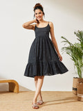 Janasya Navy Blue A-Line Cotton Dress | Grocsy