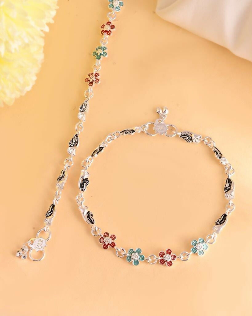 VOJ Set of 2 Stone Studded Mutli Color Flower Shaped Anklet | Grocsy