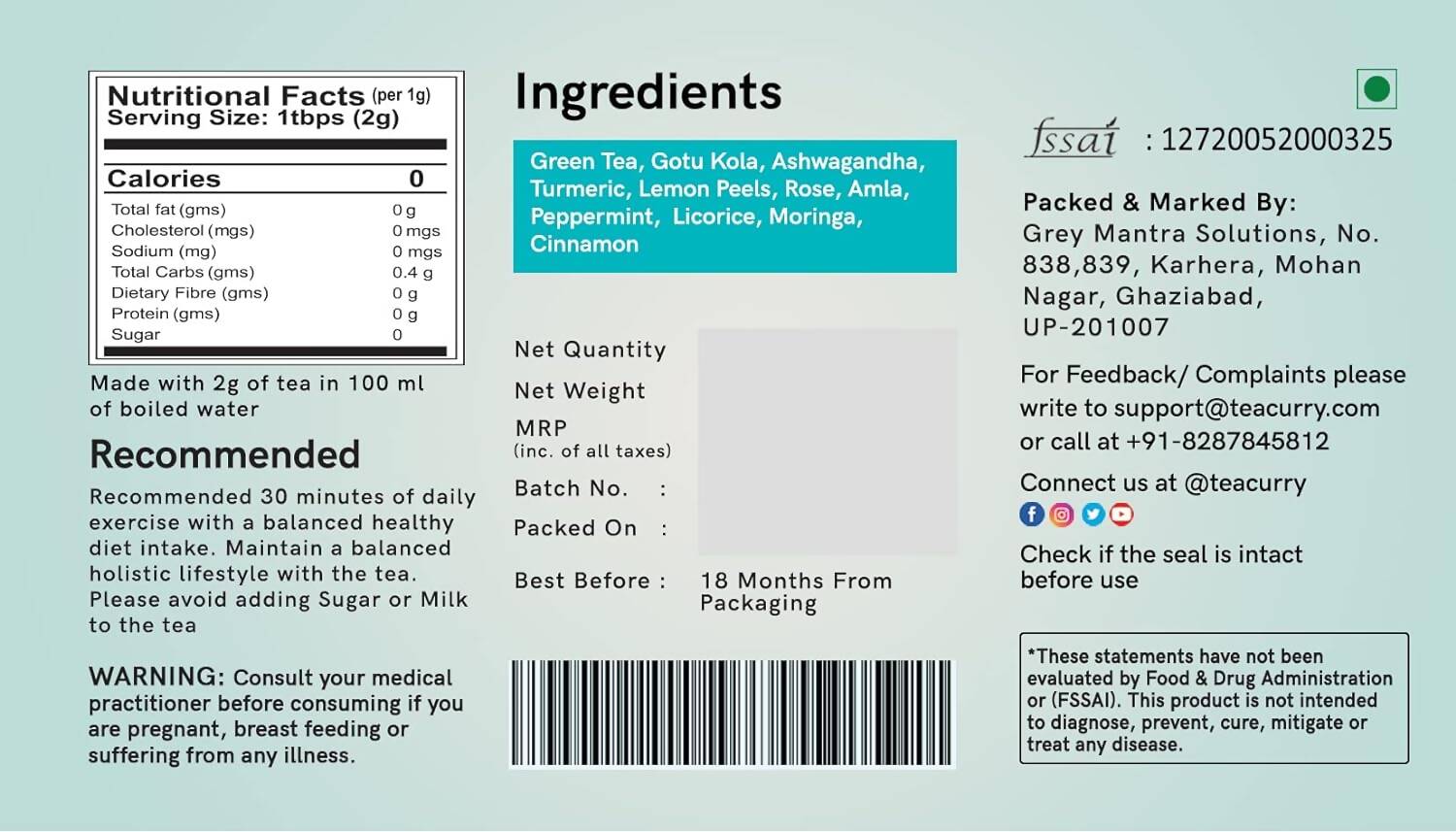 Teacurry Dark Circles Tea Bags | Grocsy