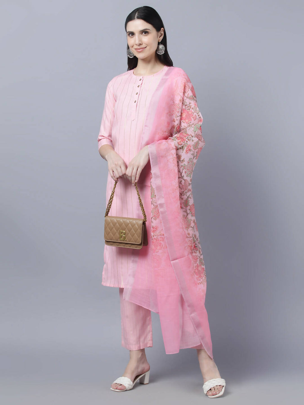 Myshka Women Pink Panelled Pure Cotton Kurta with Trousers With Dupatta Set | Grocsy