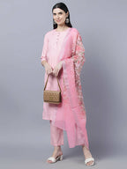 Myshka Women Pink Panelled Pure Cotton Kurta with Trousers With Dupatta Set | Grocsy