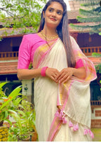 Exclusive Collection Beautiful White Pink Pure Cotton Hand Weaving Handloom Saree With Running Blouse Piece | Grocsy