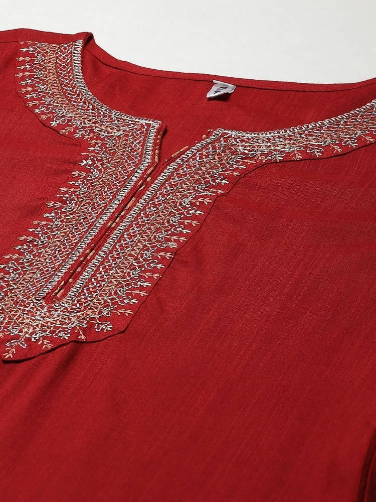 Yufta Women Maroon Ethnic Motifs Yoke Design Regular Thread Work Kurta with Palazzo & With Dupatta | Grocsy