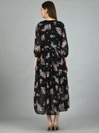 Myshka Women's Black Georgette Printed 3/4 Sleeve Round Neck Casual Dress | Grocsy