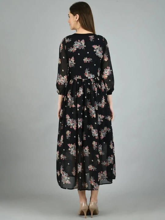 Myshka Women's Black Georgette Printed 3/4 Sleeve Round Neck Casual Dress | Grocsy