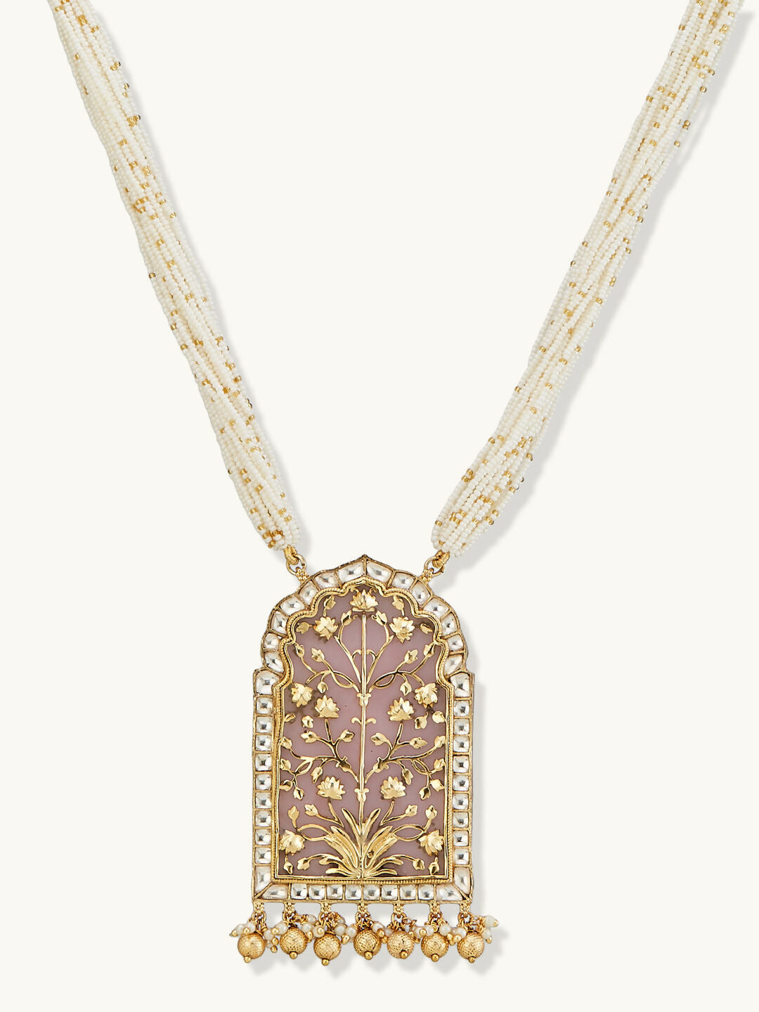 Nuyug 22K Gold-Plated Pearl Beaded Strings Floral Motifs Enamel Pendant Necklace Set | Grocsy