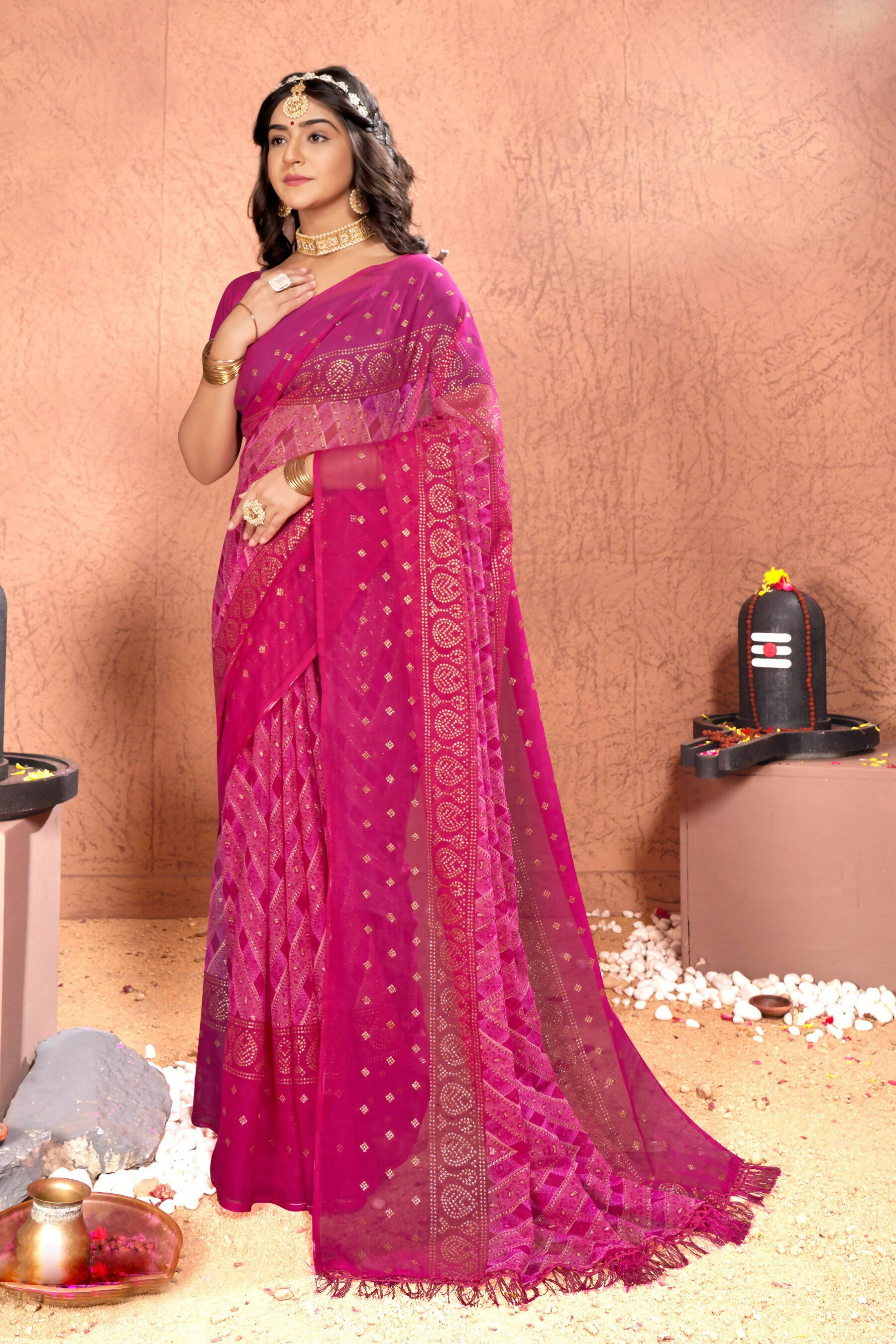 Pink Chiffon Foil Printed Saree with Unstitched Blouse Piece - Rajal | Grocsy