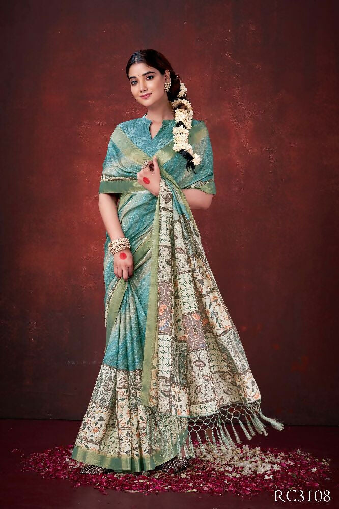 Sky Blue Poly Habotai Silk Foil Print Saree with Unstitched Blouse - Kathari | Grocsy