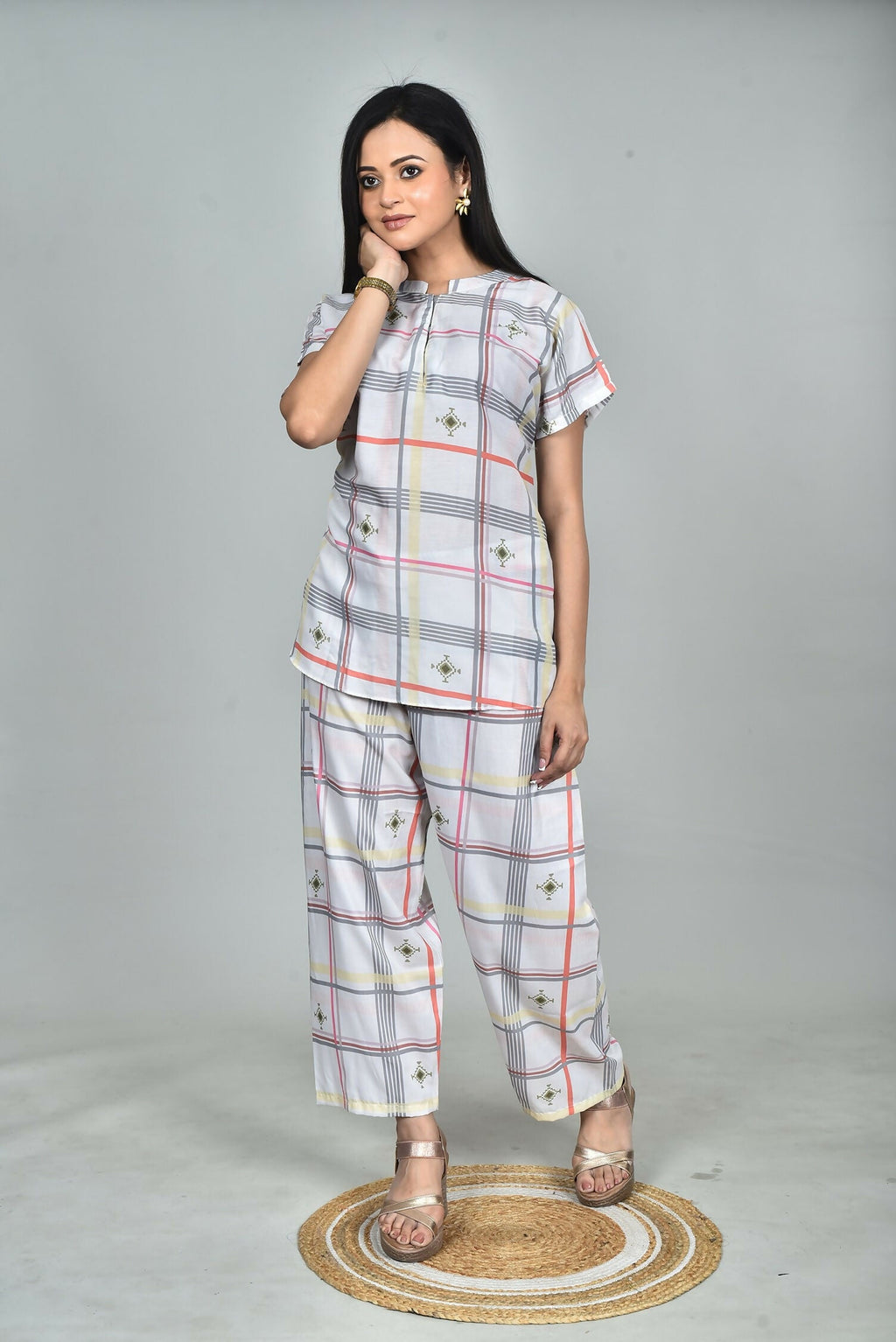 Morchari Digital Print Semi Muslin Co-Ord Set Top & Trouser-Multicolor | Grocsy