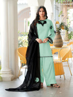 Nikhaar Light Green Embroidered Organza Stitched Straight Cut Kurta Farshi Salwar Dupatta Readymade Suit | Grocsy