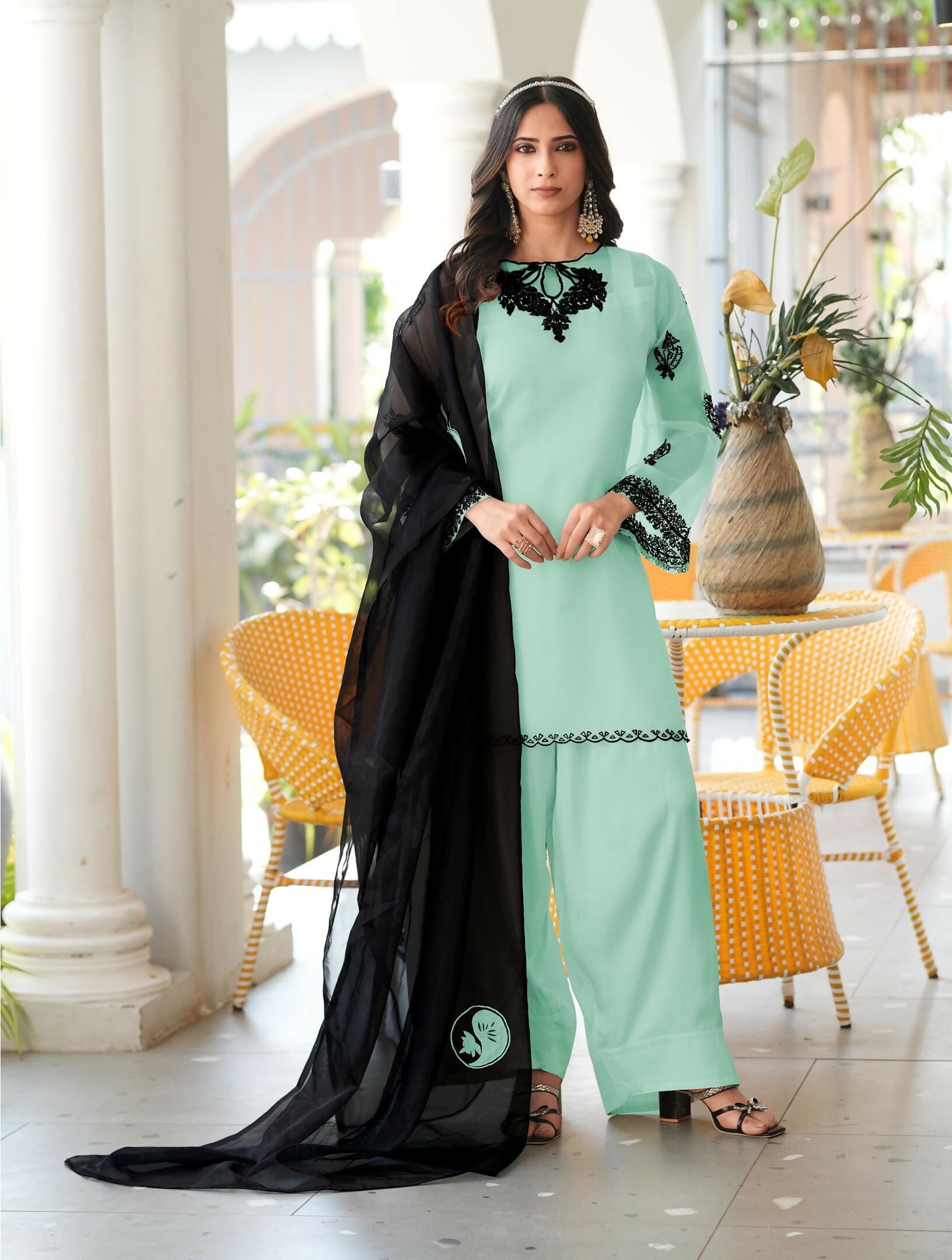 Nikhaar Light Green Embroidered Organza Stitched Straight Cut Kurta Farshi Salwar Dupatta Readymade Suit | Grocsy