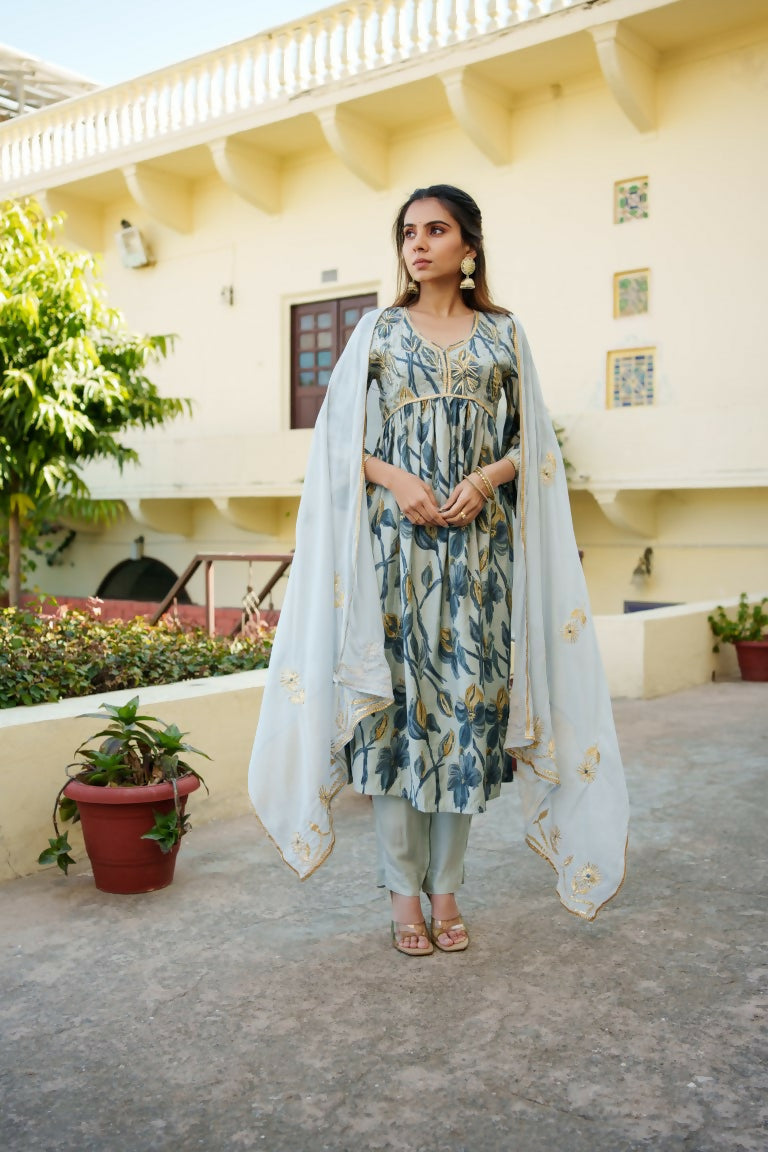 Vaasva Women SkyBlue Muslin Embroidered Kurta,Pant & Dupatta Set | Grocsy