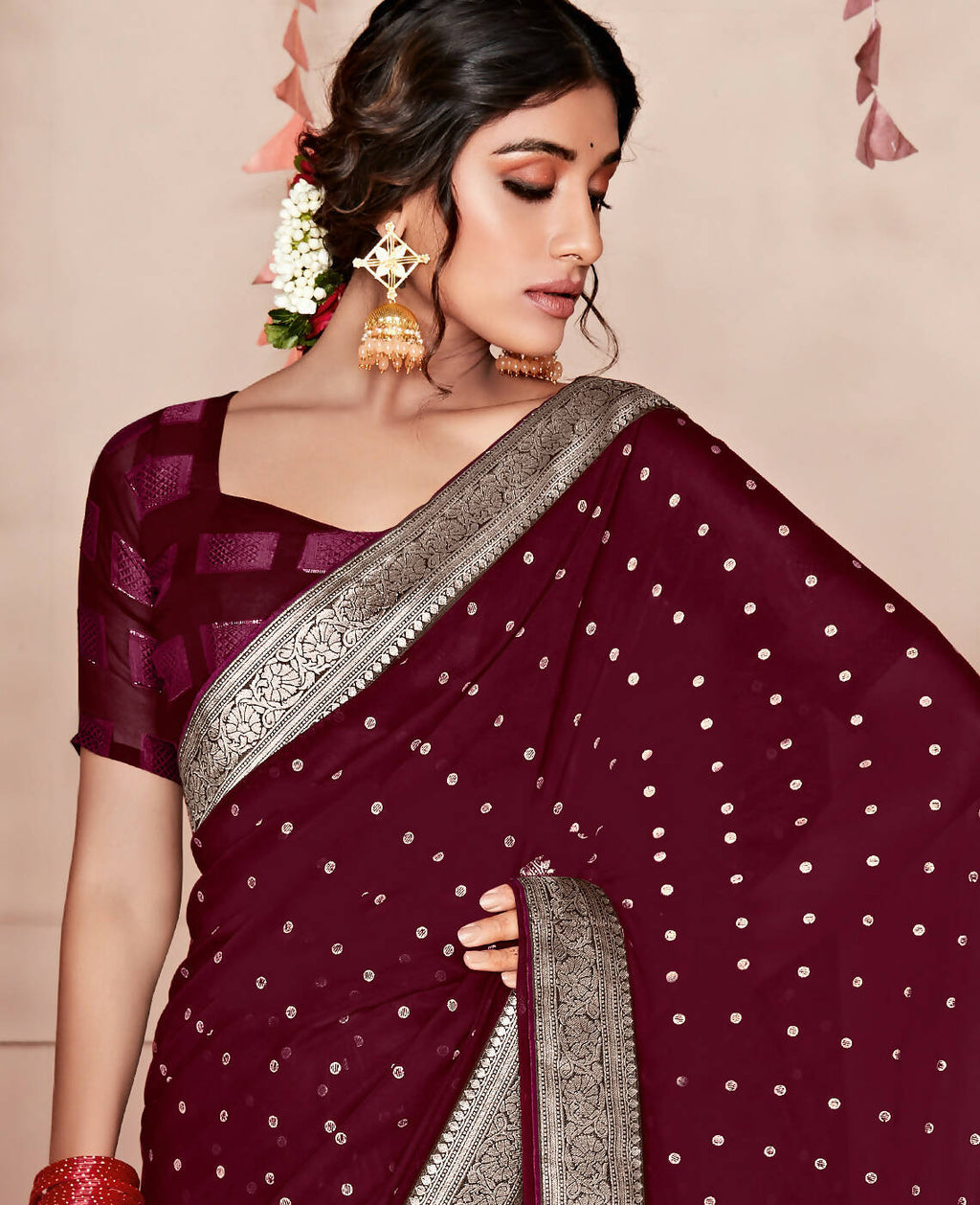 Wine Georgette Foil Printed Saree With Unstitched Blouse Piece - Nitya | Grocsy