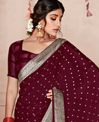 Wine Georgette Foil Printed Saree With Unstitched Blouse Piece - Nitya | Grocsy
