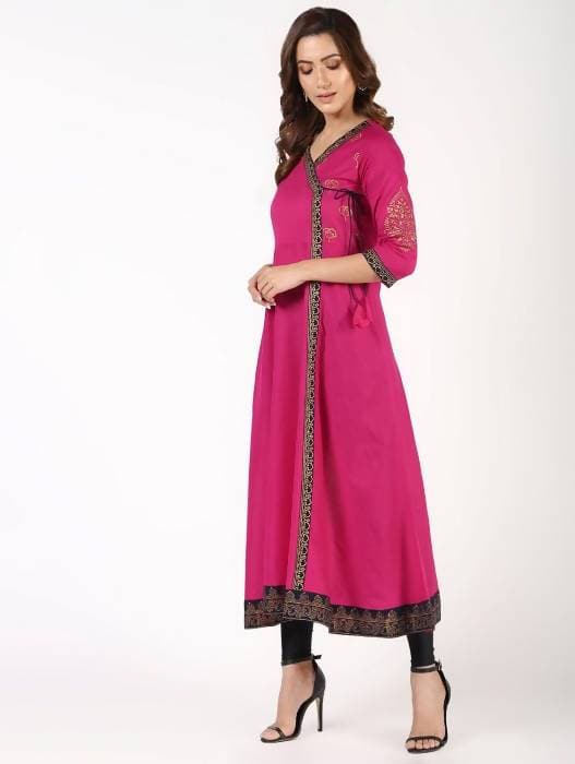 Aniyah Cotton Block Print Angrakha Kurta In Magenta (AN-148K) | Grocsy