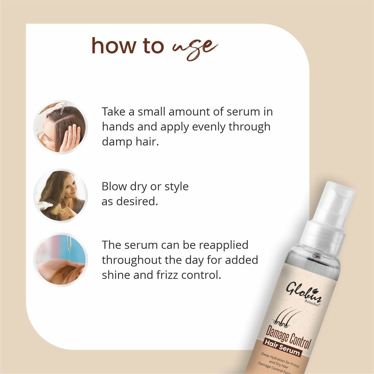 Globus Remedies Damage Control Hair Serum, For Frizzy Hair, Smoothens Rough Ends, Adds Instant Shine,100ml | Grocsy