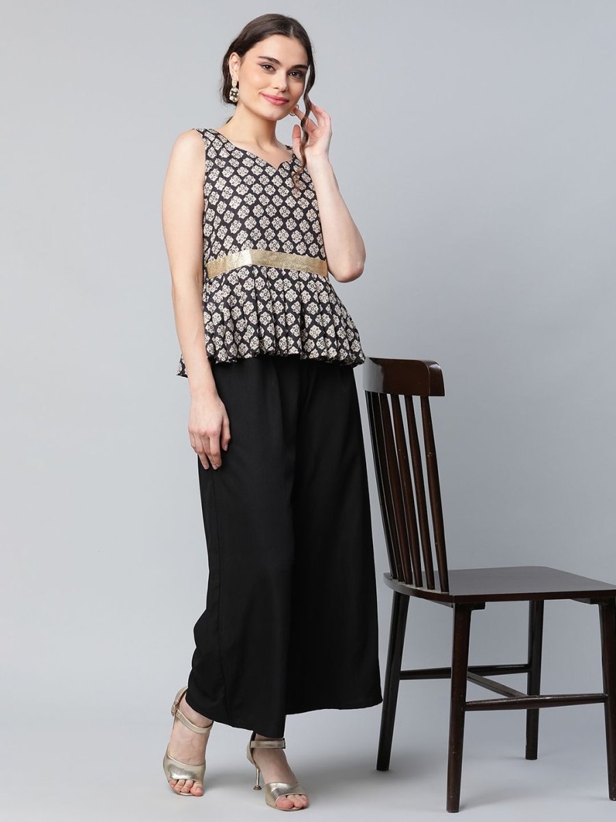 Ahalyaa Women Black Crepe Digital Printed Top with Palazzo Set | Grocsy