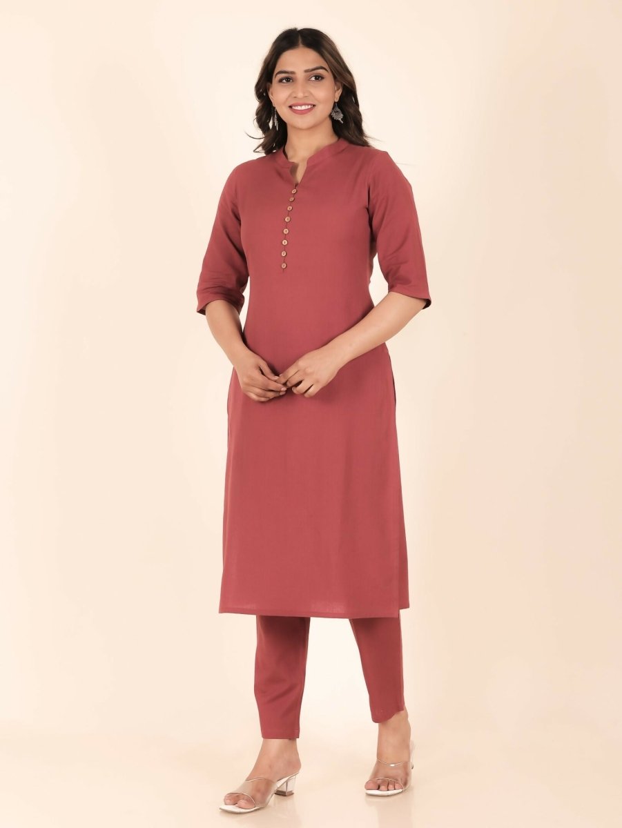 Aramya Pink Linen Cotton Solid Print Straight Kurta Set for Women | Grocsy