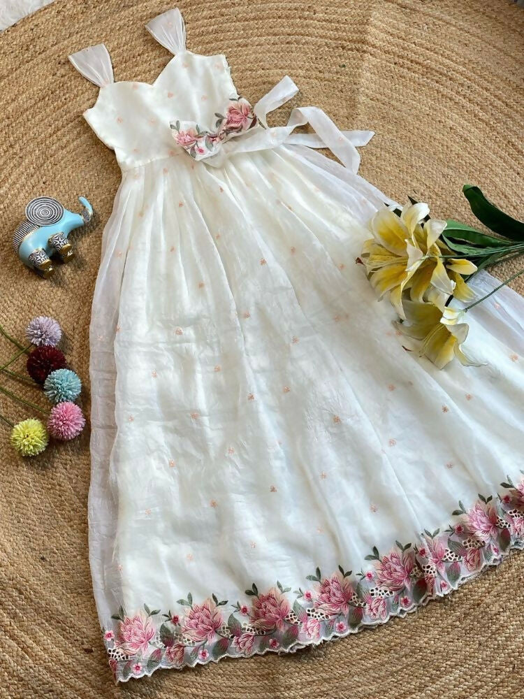 Teeya Creation New Latest Girls Sage Green Crinkled Silk Festive Gown with Handcrafted Bow and Lotus Cutwork Border | Grocsy