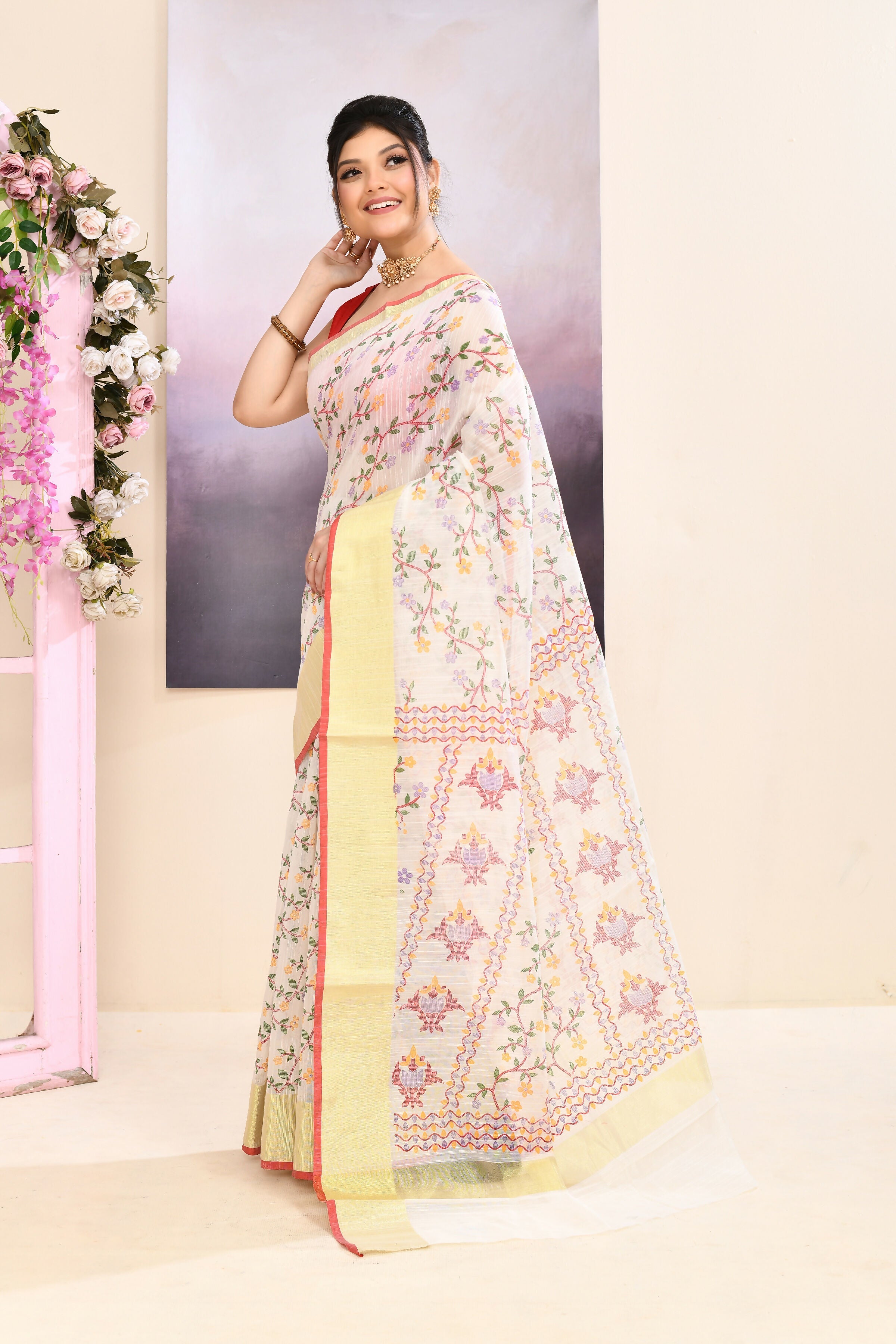 Piyari Fashion Women's White Embellished Cotton Blend Printed Saree | Grocsy