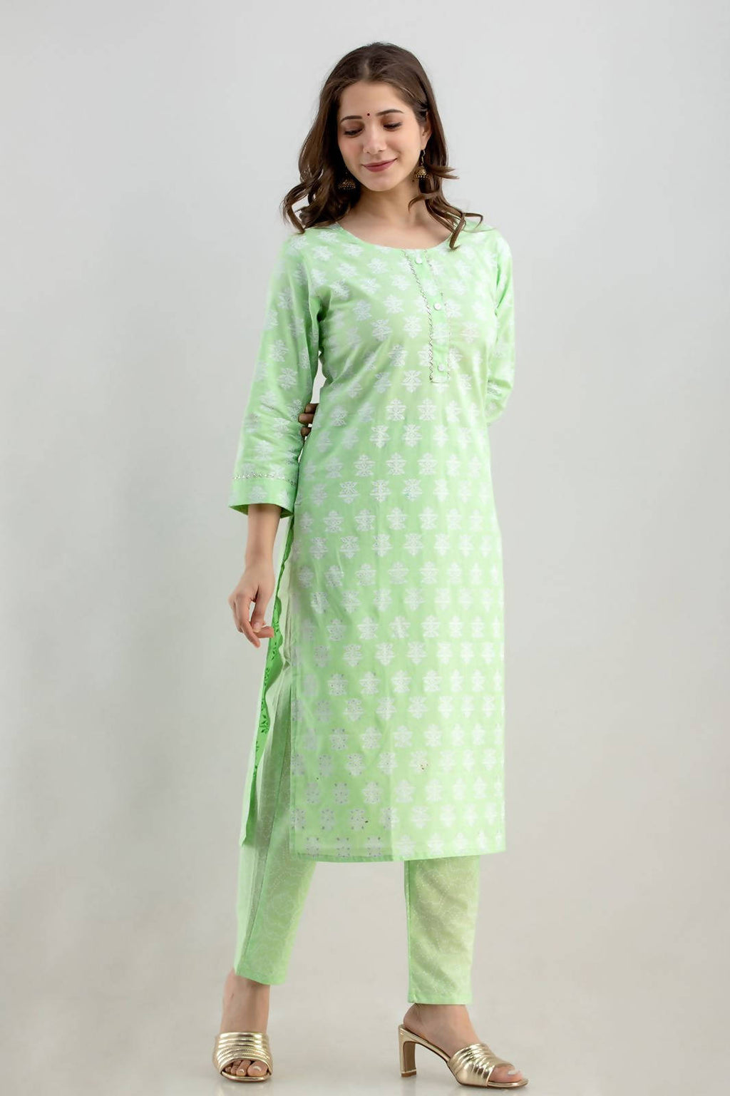 Vamika Printed Cotton Green Party Wear/Casual Wear Kurta Set/Suit | Grocsy