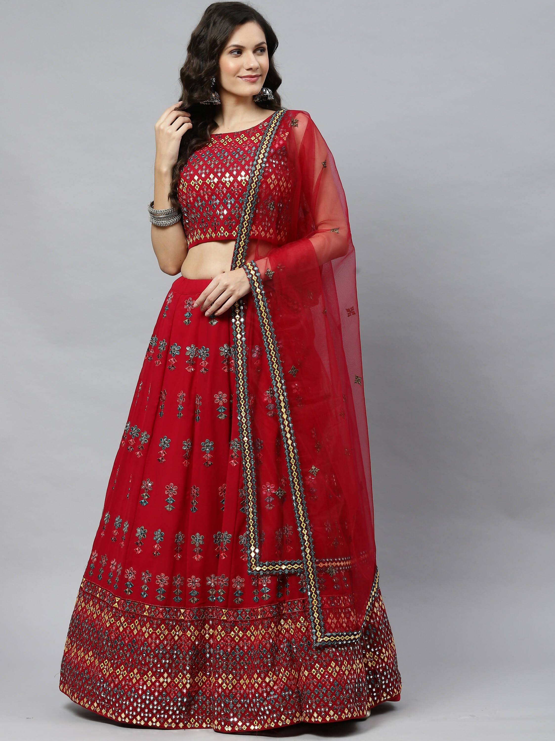 Deep Pink Georgette Heavy Embroidery mirror Work Lehenga Choli with Dupatta - Jivika | Grocsy