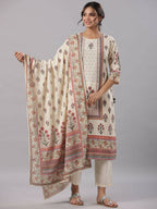 Juniper Women's Beige Cambric Floral Placement Printed Straight Fit Kurta Sets | Grocsy