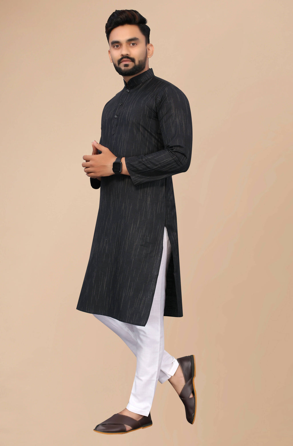 Indian Clothing Men's Black Striped Cotton Kurta - Mahotsav | Grocsy