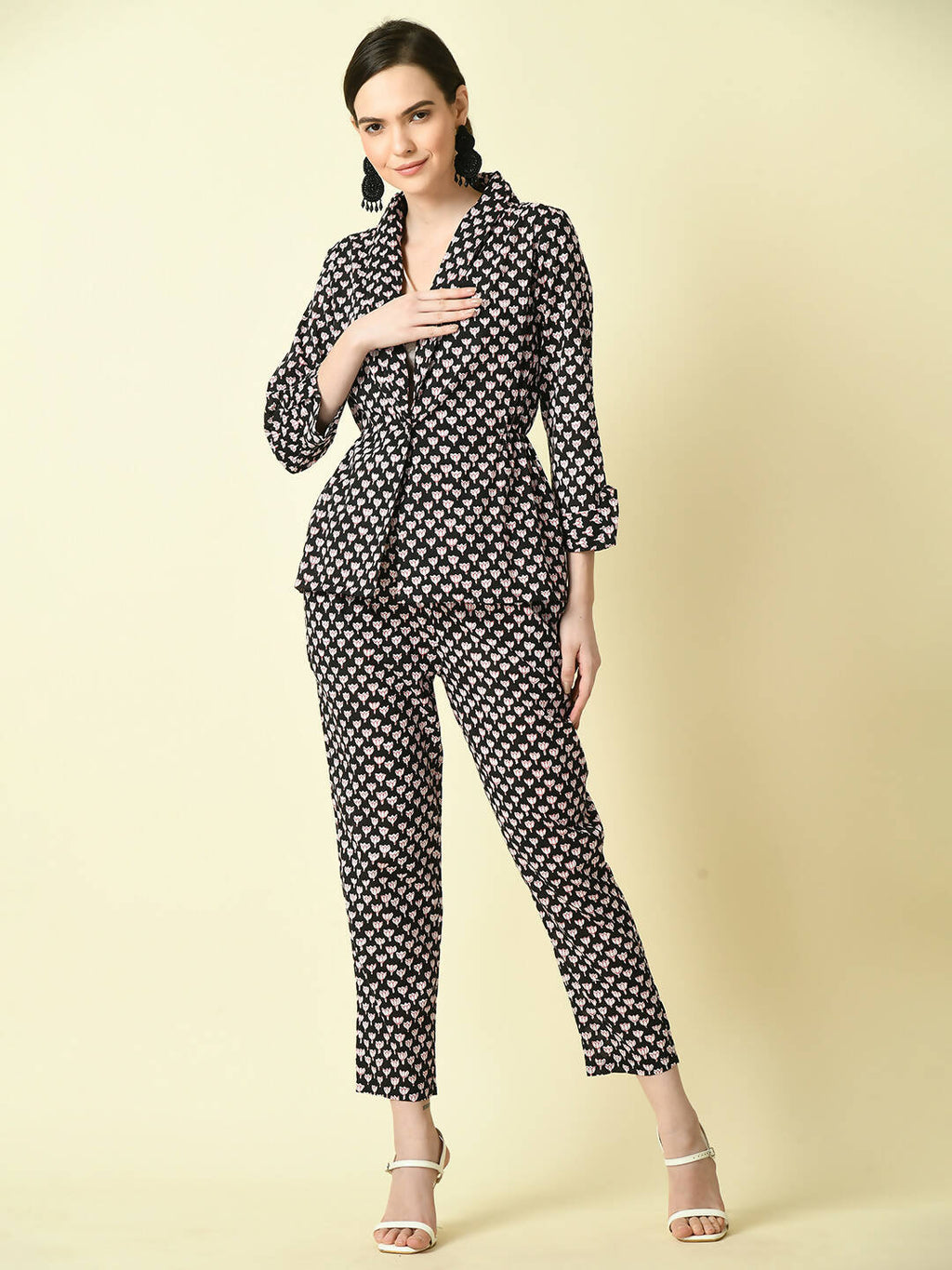 Myshka Women's Black Shawl Neck Coat With Trousers | Grocsy