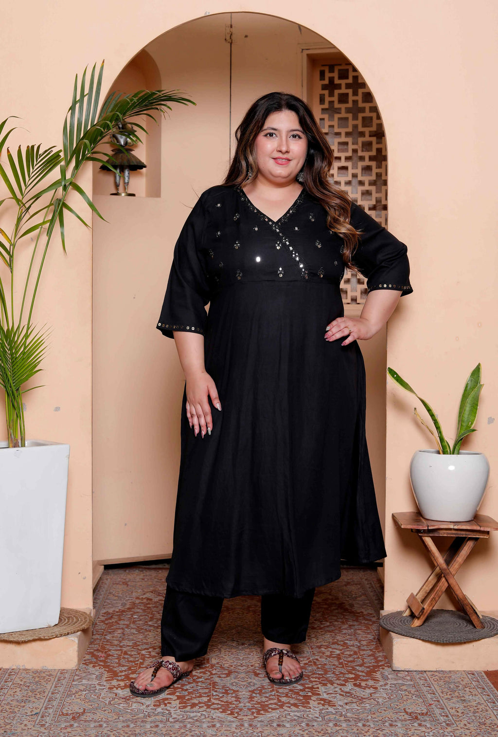Miravan Womens Plus Size Black Mirror work Angrakha Kurta and Palazzo Set | Grocsy