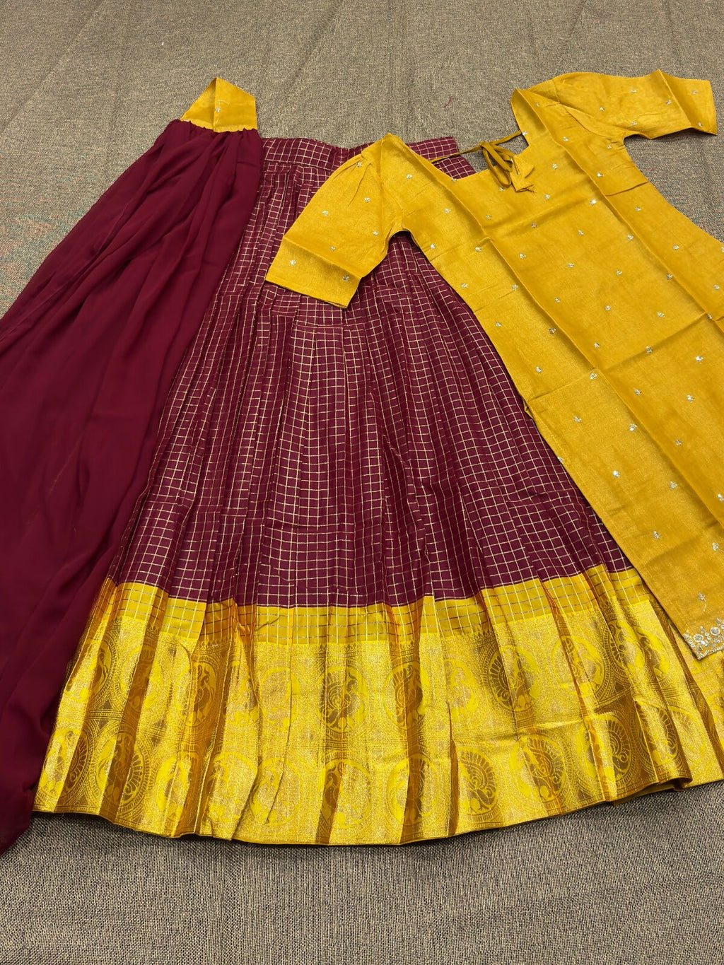 Teeya Creation New Maroon and Yellow Banarasi Silk Half Saree Lehenga Choli with Pleated Dupatta | Grocsy