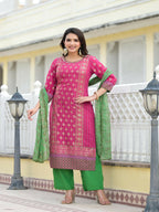 Juniper Women's Fuchsia Ethnic Motif Printed Muslin Kurta Pant With Dupatta Set With Beads & Sequins | Grocsy