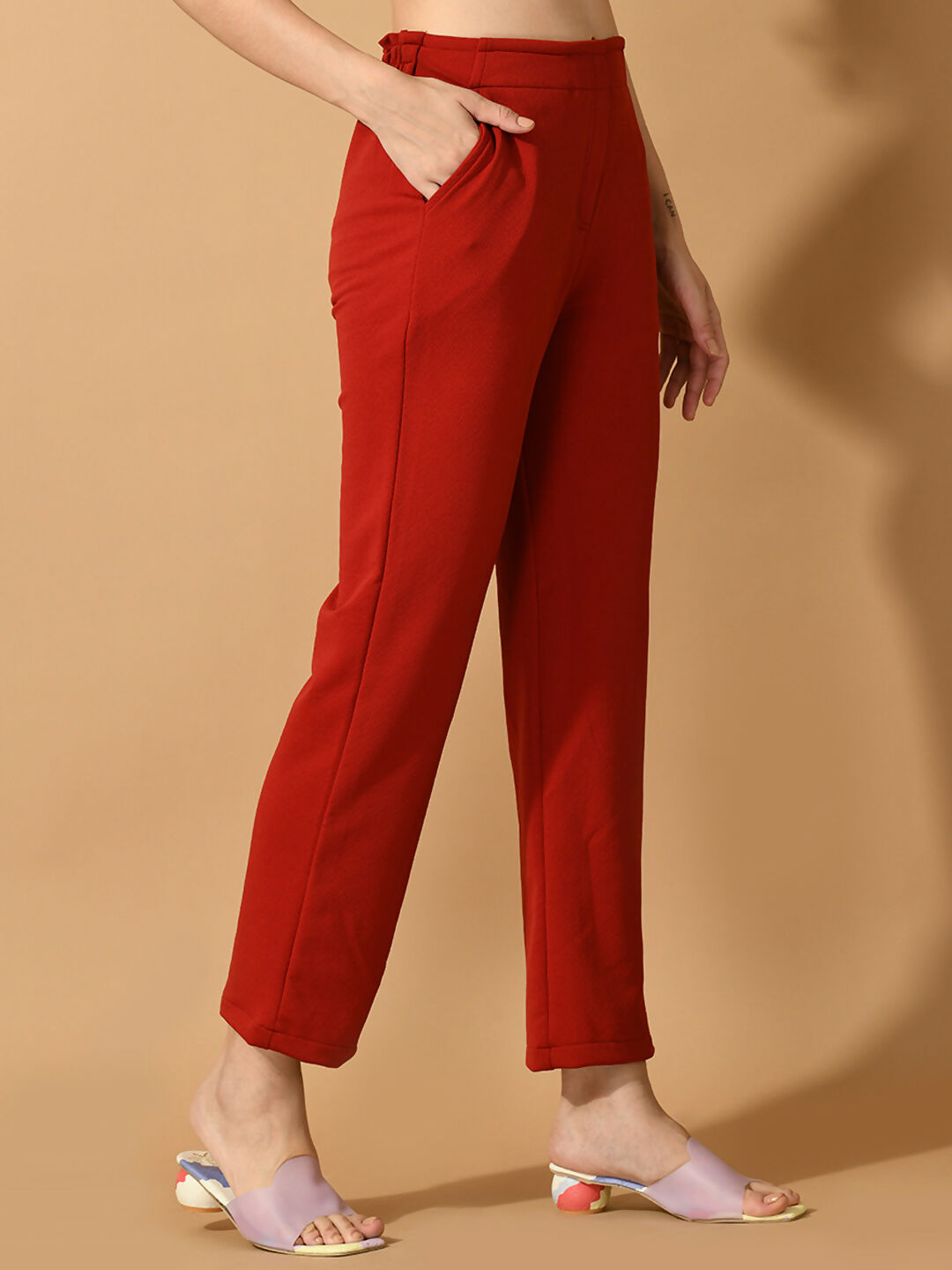 Myshka Women's Red Straight Fit Party Trouser | Grocsy