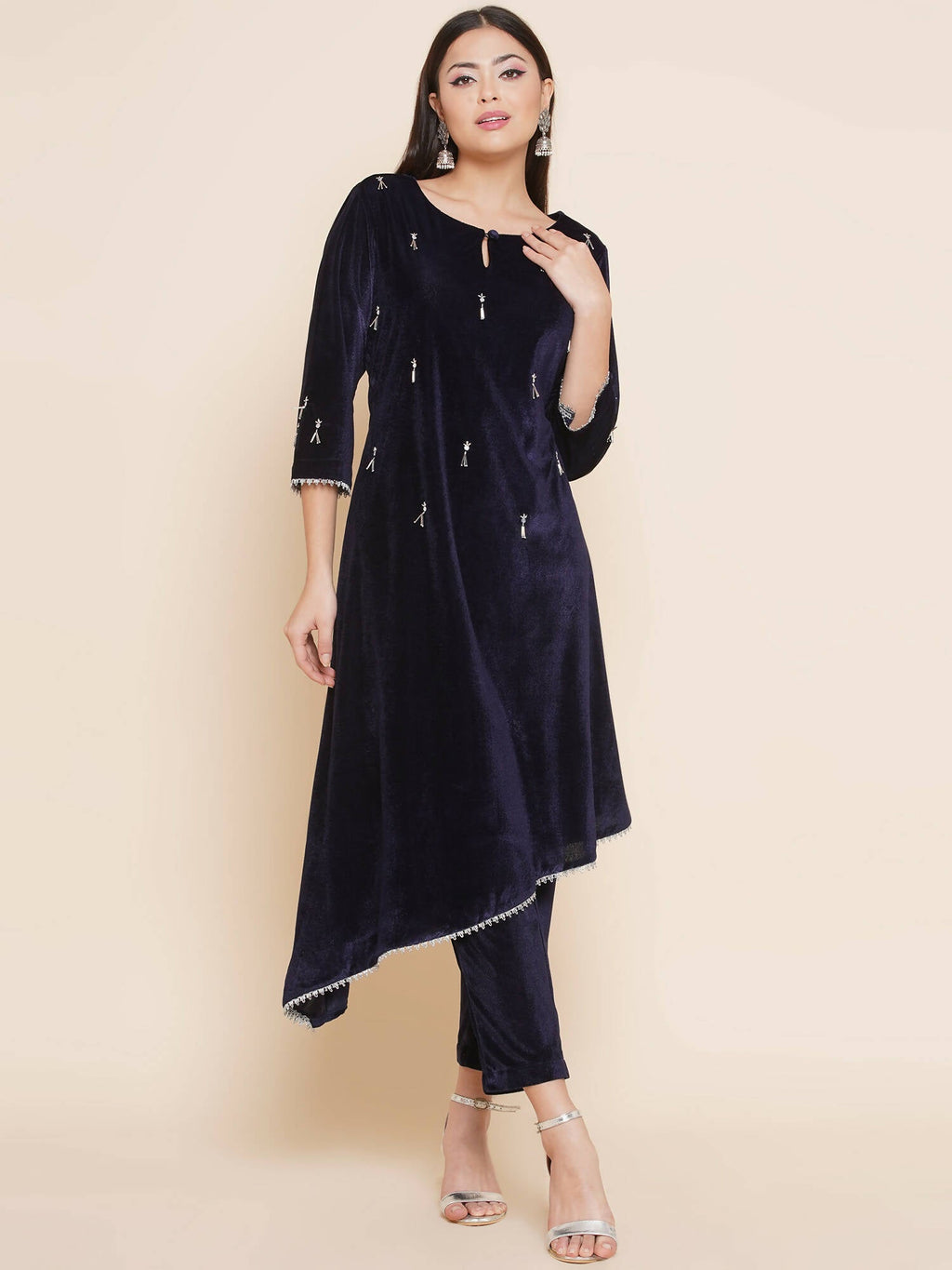 Women Republic Navy Blue Velvet Assymetrical Hand Embellished Kurta With Pants | Grocsy