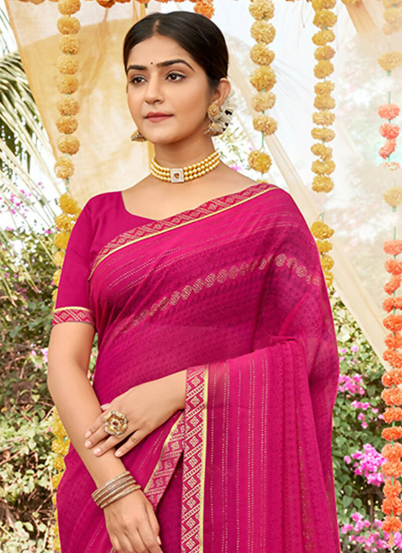 Pink Georgette Foil Printed Saree with Unstitched Blouse Piece - Avika | Grocsy