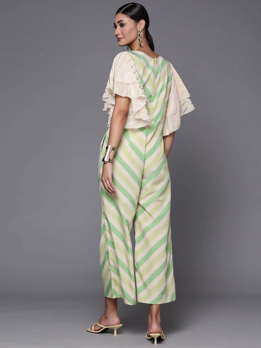 Ahalyaa Off White & Green Zig Zag Print Basic Jumpsuit | Grocsy