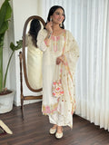 Cream Viscose chanderi Stitched Suit With Dupatta - Tanisha | Grocsy