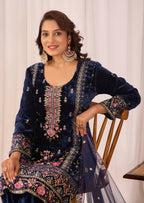 Joban Fashion Blue Velvet Embroidery Sequence Work Readymade Kurta Set | Grocsy
