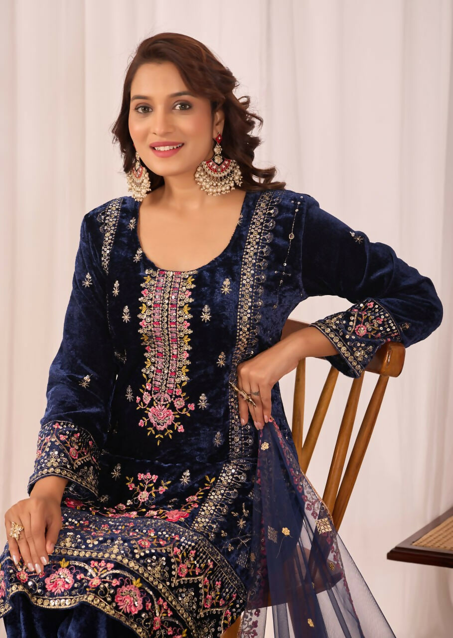 Joban Fashion Blue Velvet Embroidery Sequence Work Readymade Kurta Set | Grocsy