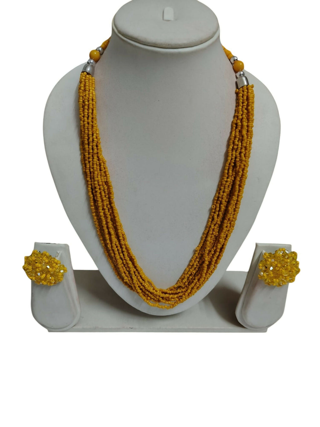 Inhanns Bloom Handmade Beaded Necklace With Earrings - 12 Layers - Yellow Necklace Set | Grocsy