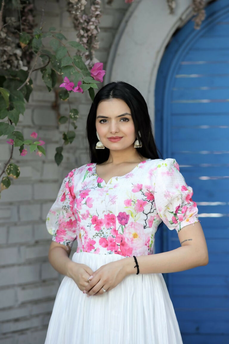 Jyoti Fashion Women's White Floral Digital Printed Chinon Anarkali Dress | Grocsy