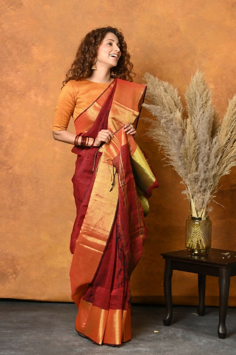 Very Much Indian Handloom Pure Cotton Linen Saree With Golden Border - Dark Maroon | Grocsy