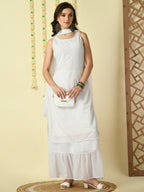 Myshka Women's White Georgette Kurta & Skirt With Dupatta Party Sets | Grocsy