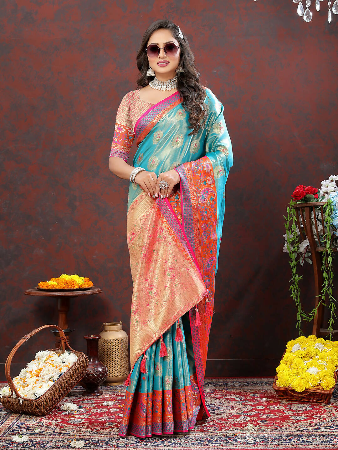 Lorenvalley Fashion Skyblue Kanjivaram Silk Woven Design with Zari Weaving Saree | Grocsy