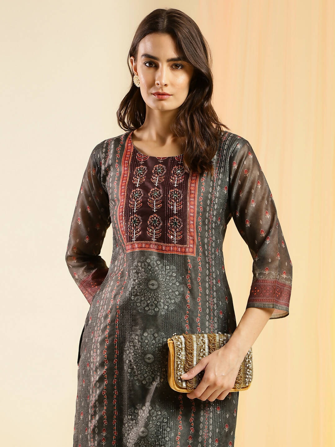 Dark Green Chinon Digital Printed With Hand Work Kurta - Himanshi | Grocsy