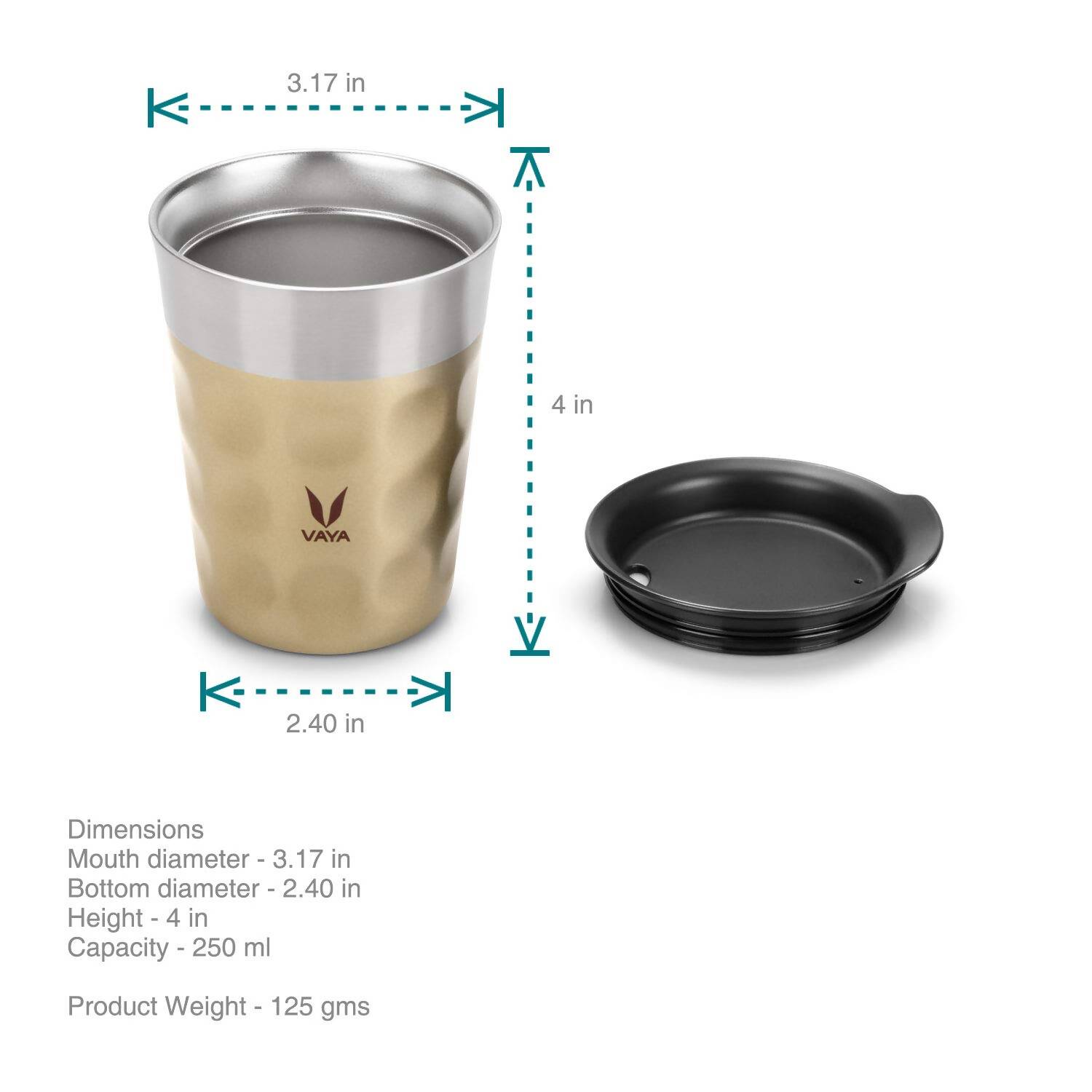 Vaya Popcup Insulated Coffee Mug Tumbler With Lid - 250 ml (Gold) | Grocsy